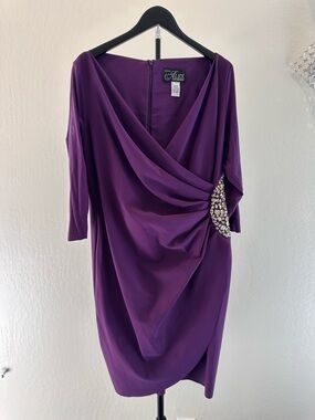 Alex Evenings Deep Purple Draped Midi Dress with Jeweled Accent